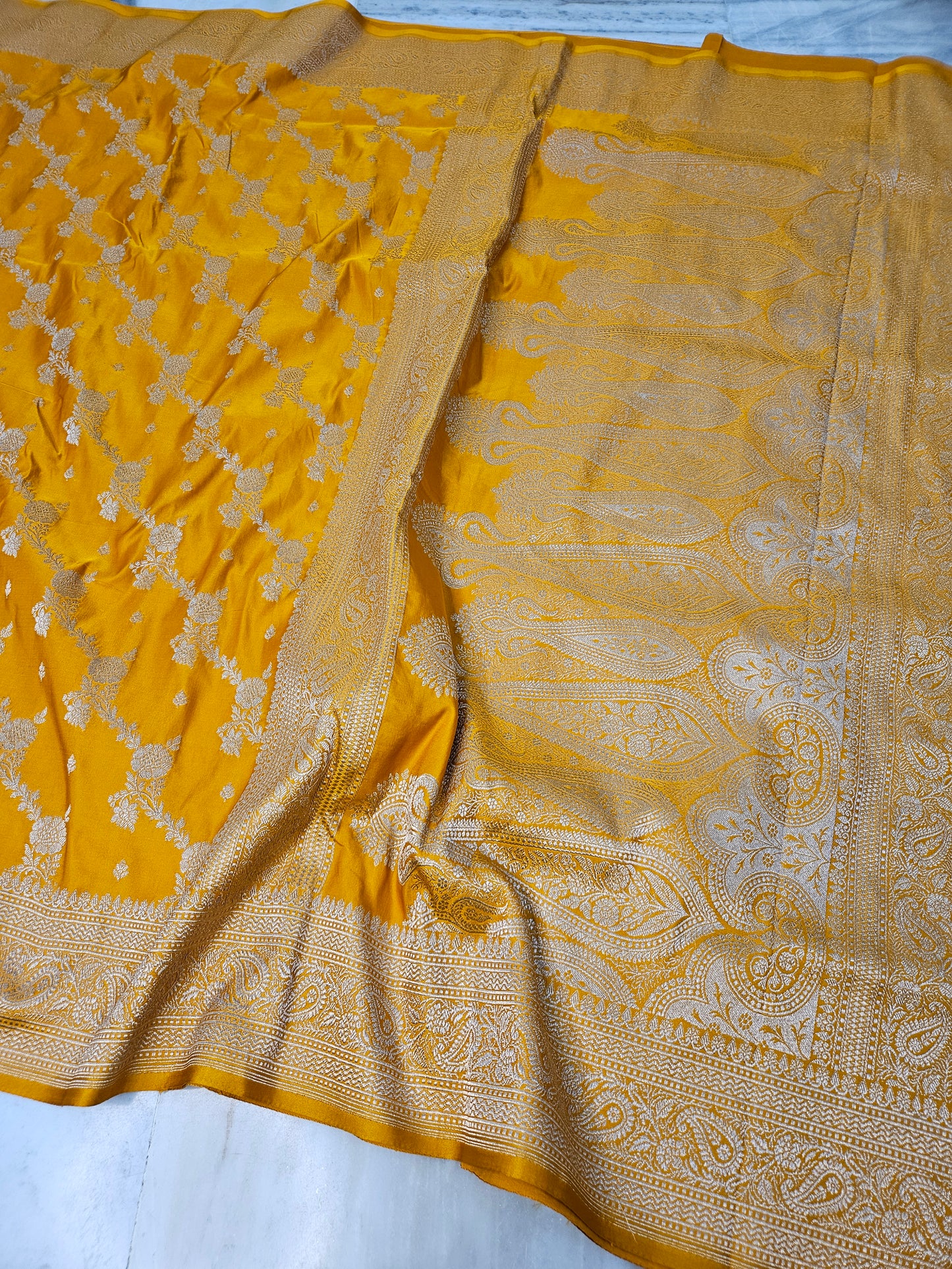 Mustard Yellow faux Mashru katans woven banarasi saree