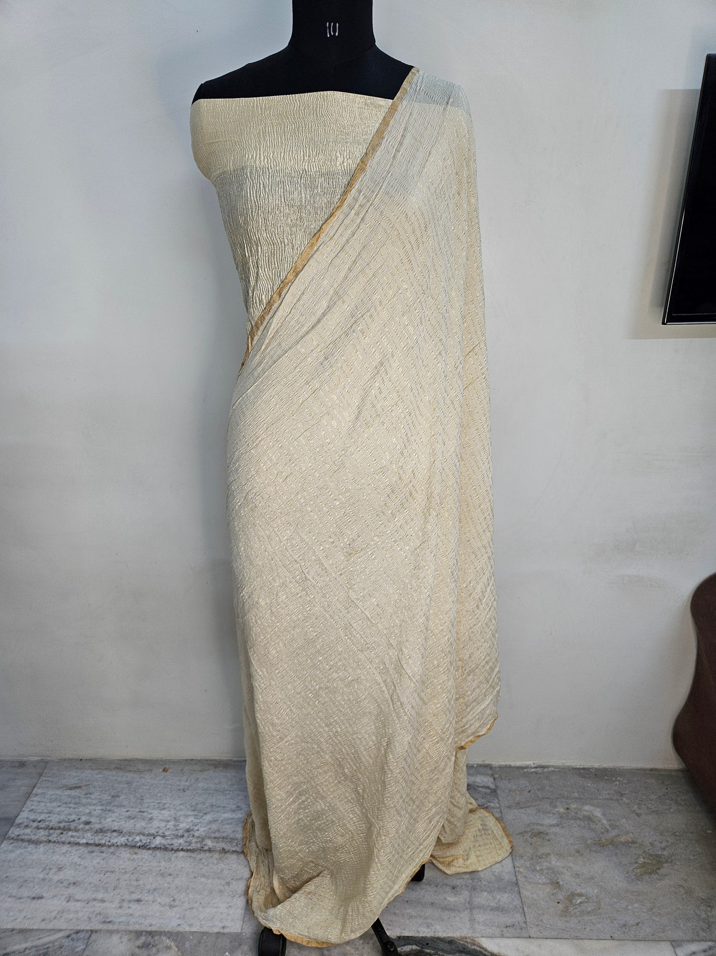 pure moonga silk banarasi crush woven saree in cream