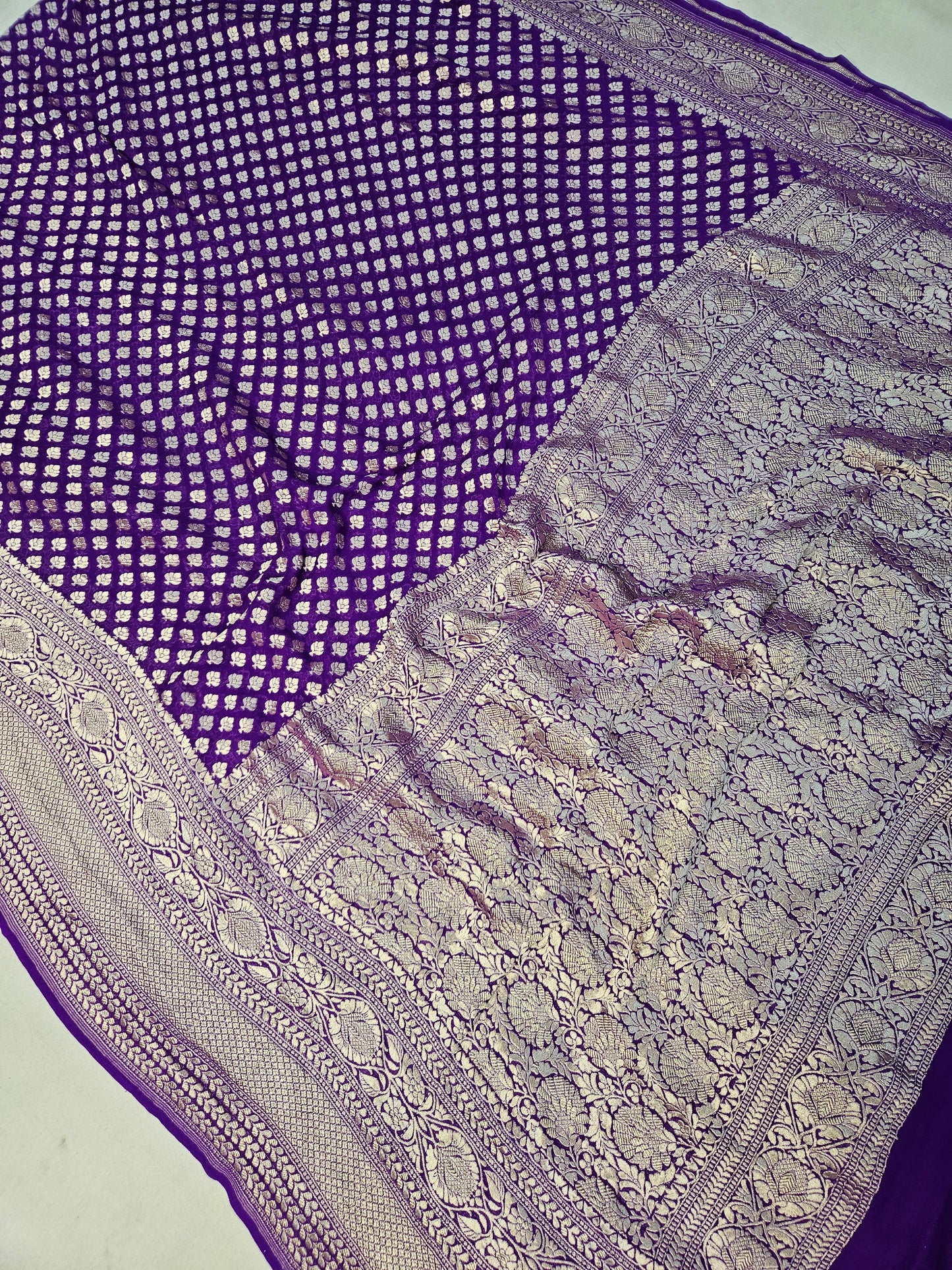 pure georgette silk buti woven tested zari banarasi saree in Purple