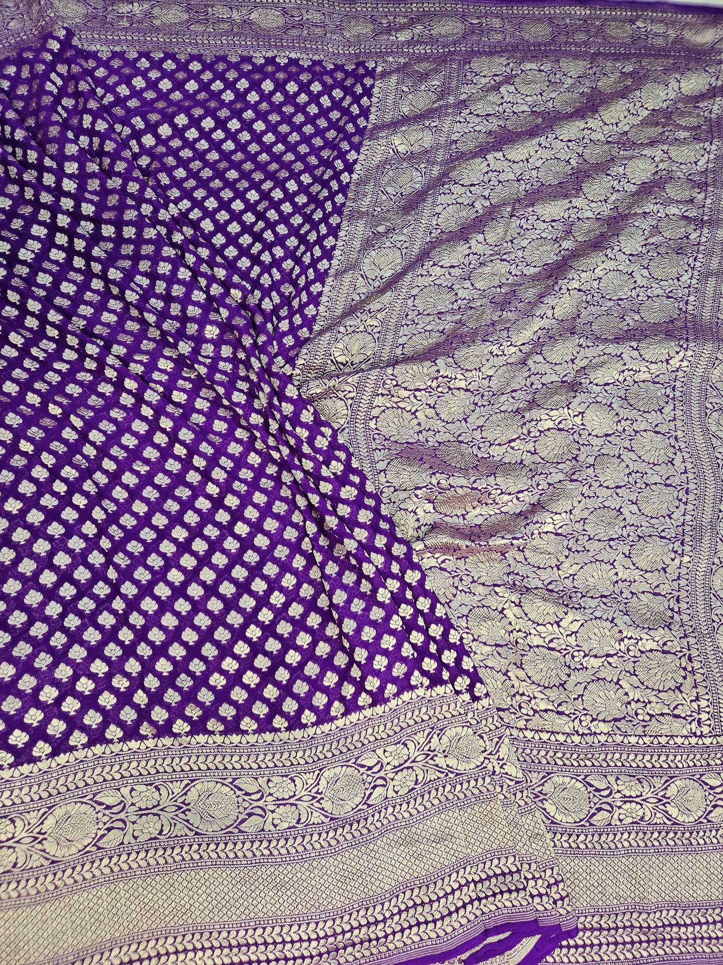 pure georgette silk buti woven tested zari banarasi saree in Purple