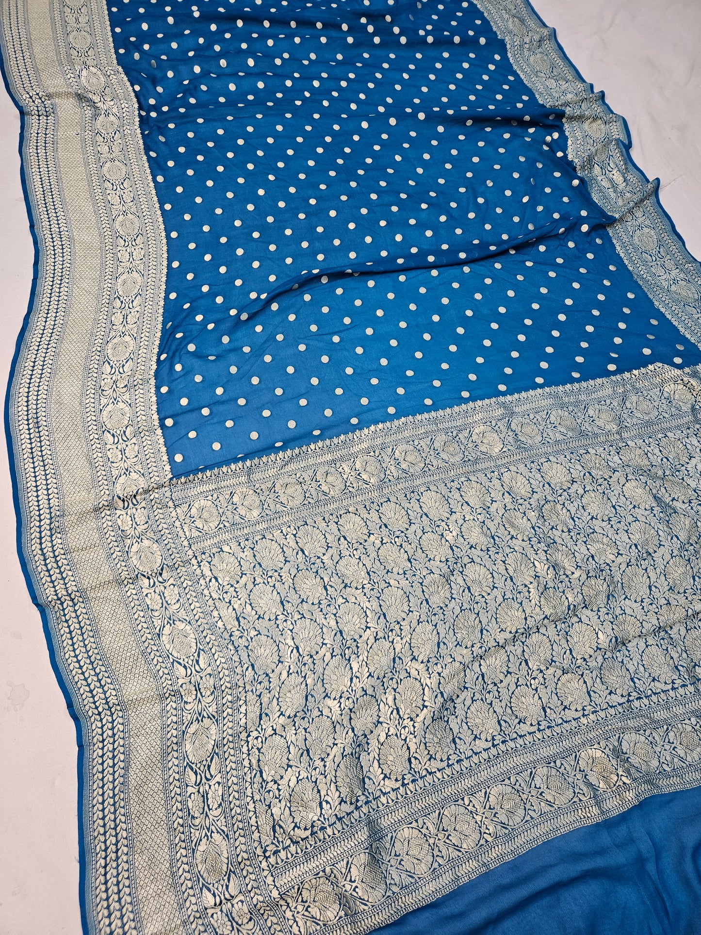 pure georgette silk buti woven tested zari banarasi saree in dusty blue