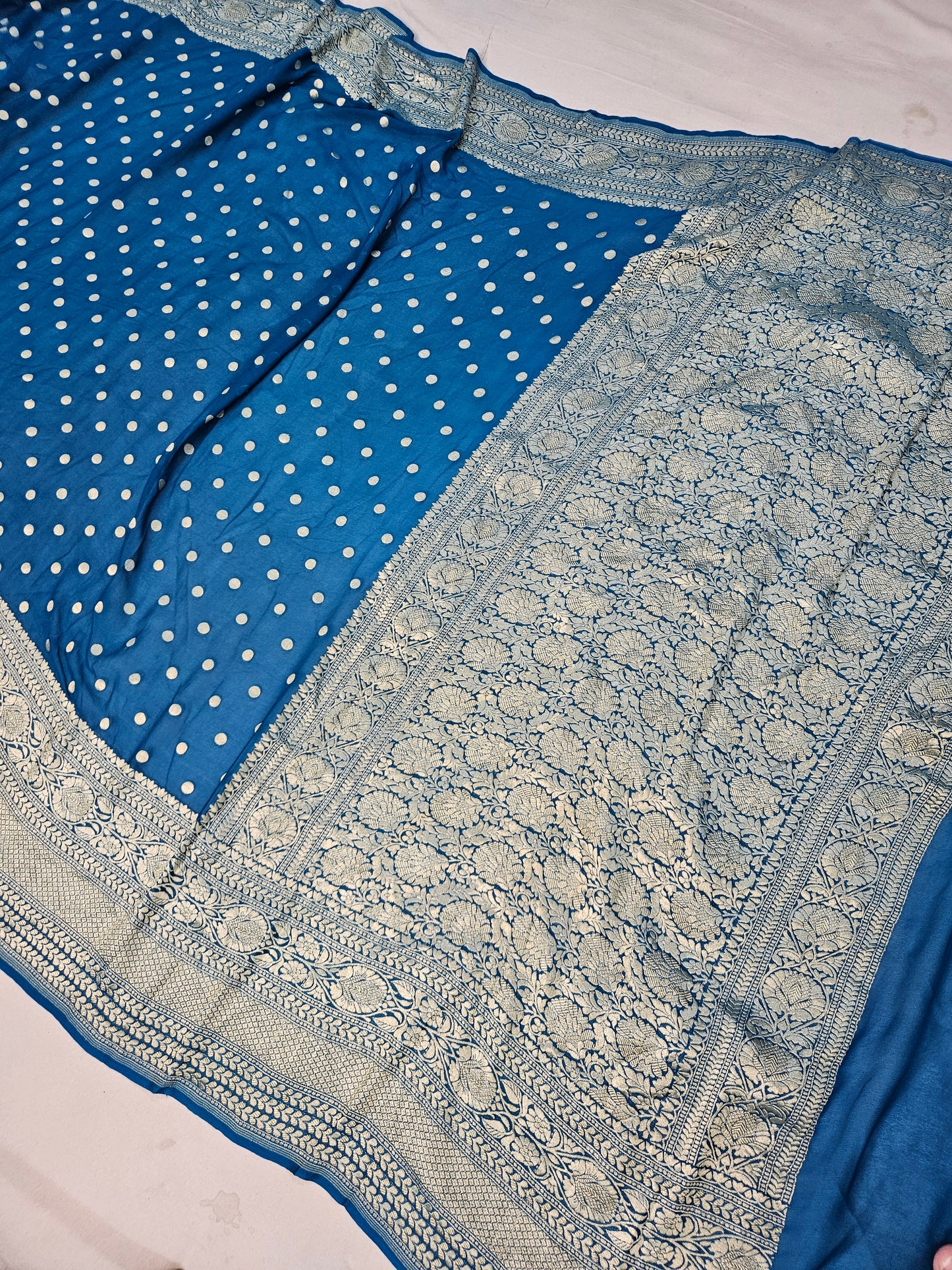 pure georgette silk buti woven tested zari banarasi saree in dusty blue