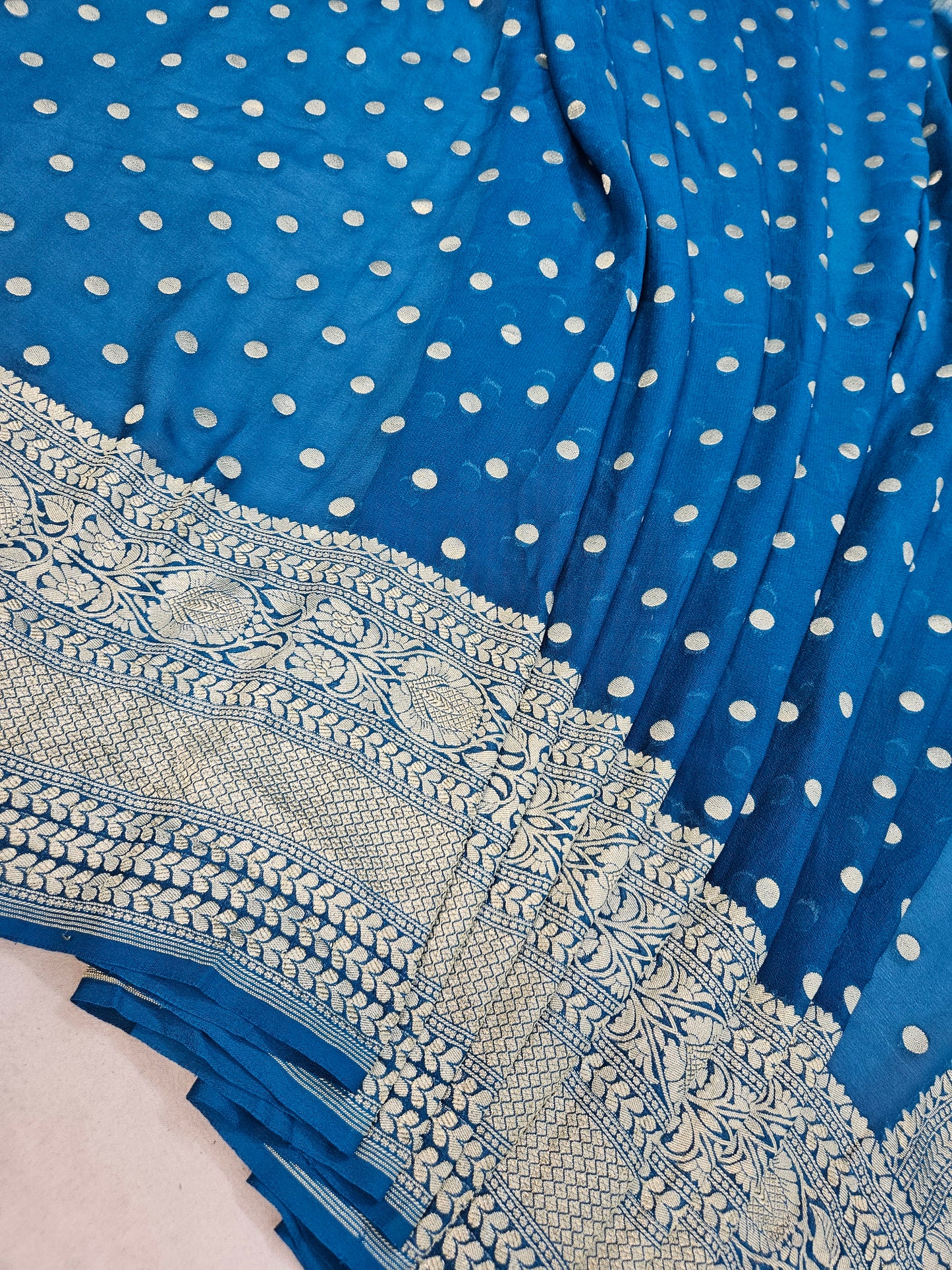 pure georgette silk buti woven tested zari banarasi saree in dusty blue