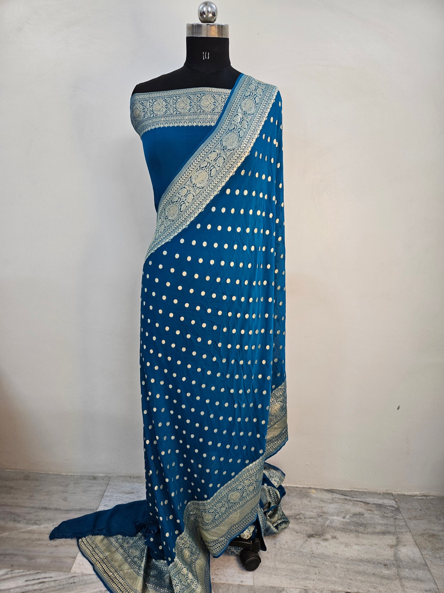 pure georgette silk buti woven tested zari banarasi saree in dusty blue