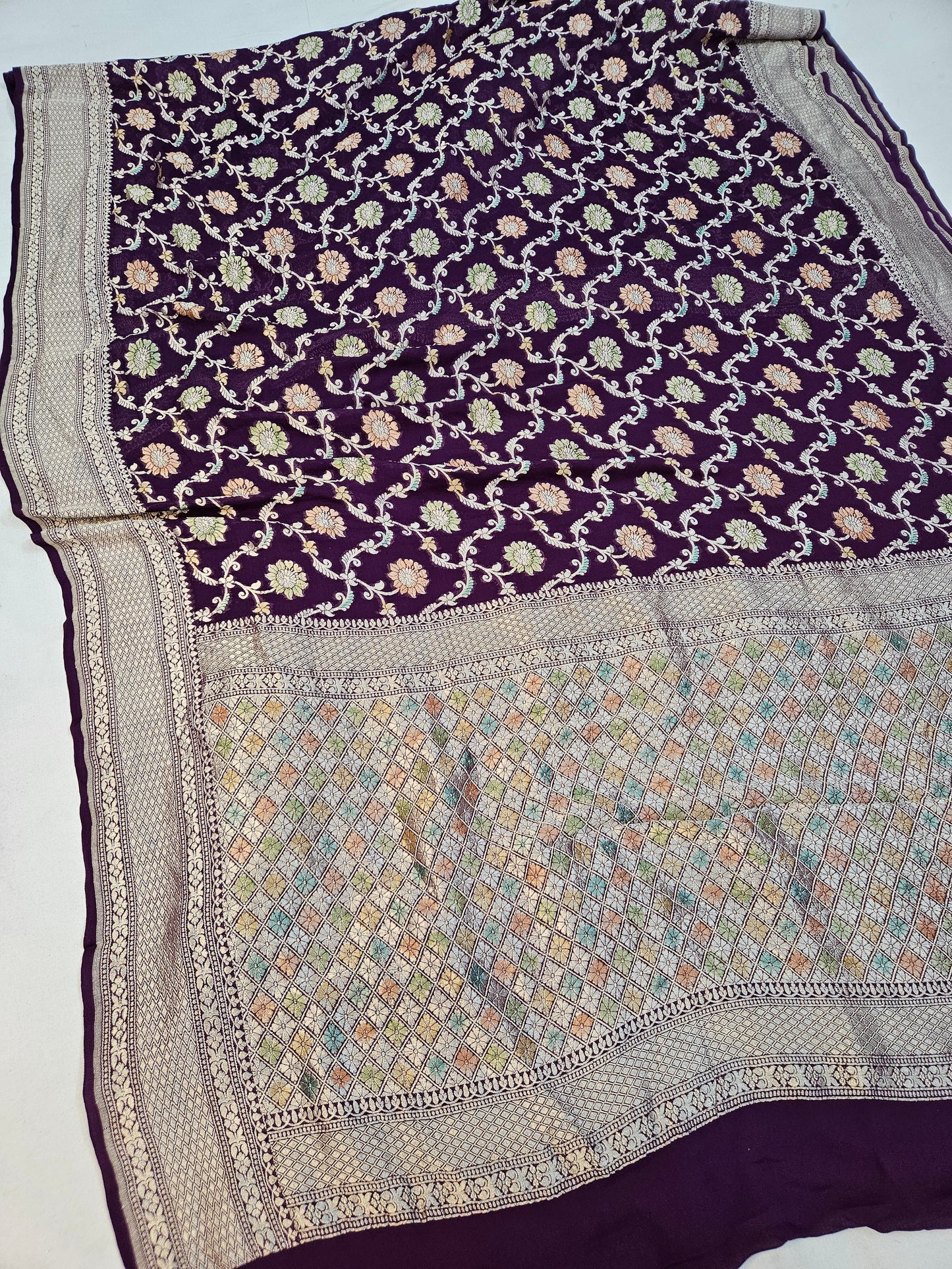 pure georgette silk banarasi handbrush work woven tested zari saree in Deep purple