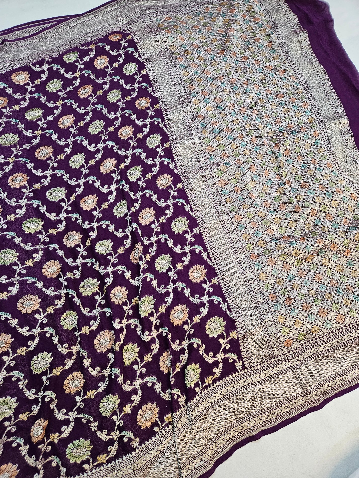 pure georgette silk banarasi handbrush work woven tested zari saree in Deep purple