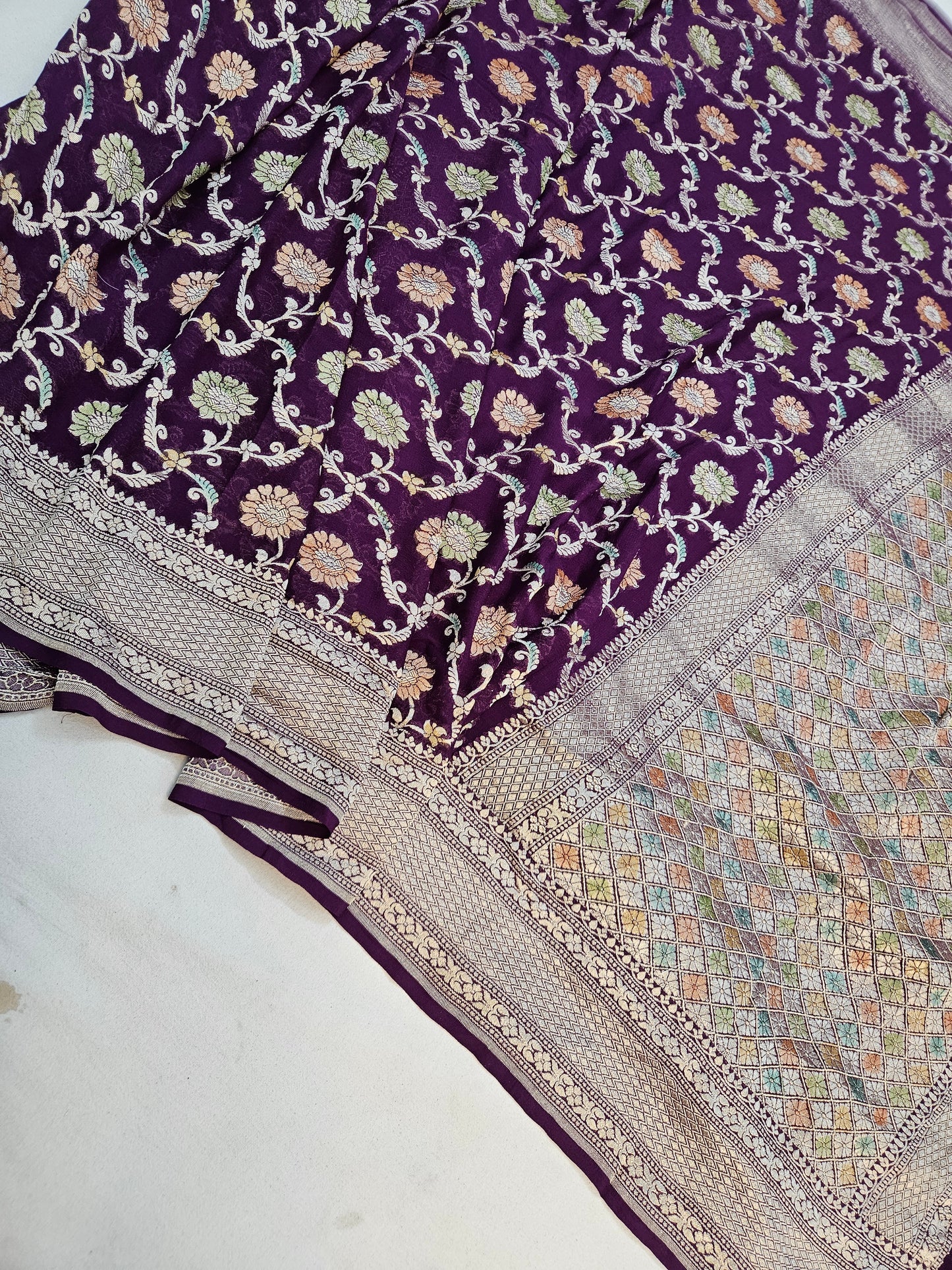 pure georgette silk banarasi handbrush work woven tested zari saree in Deep purple