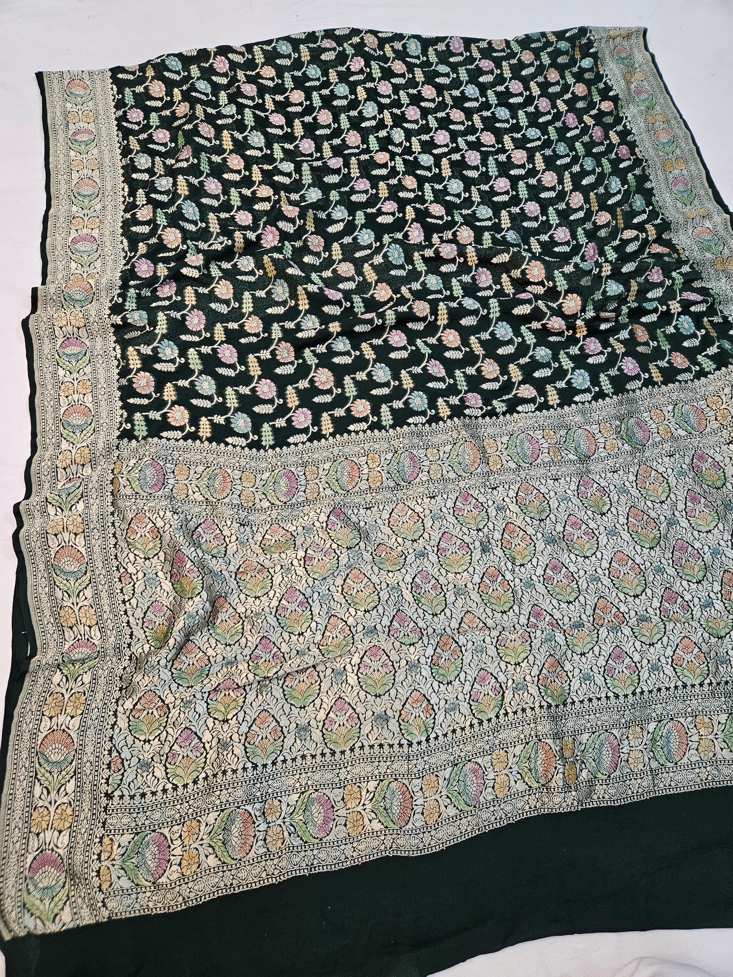 pure georgette silk banarasi handbrush work woven tested zari saree