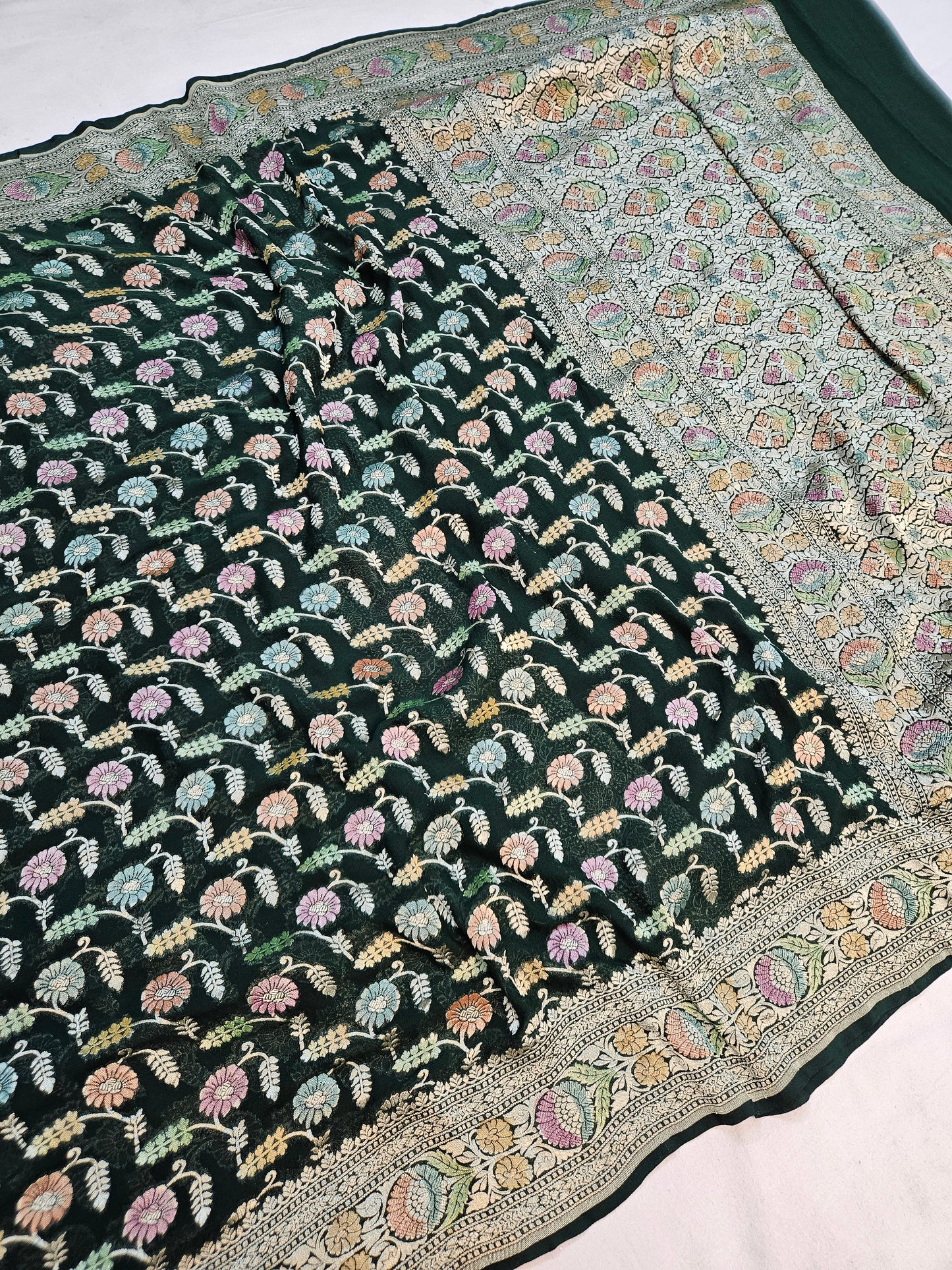 pure georgette silk banarasi handbrush work woven tested zari saree