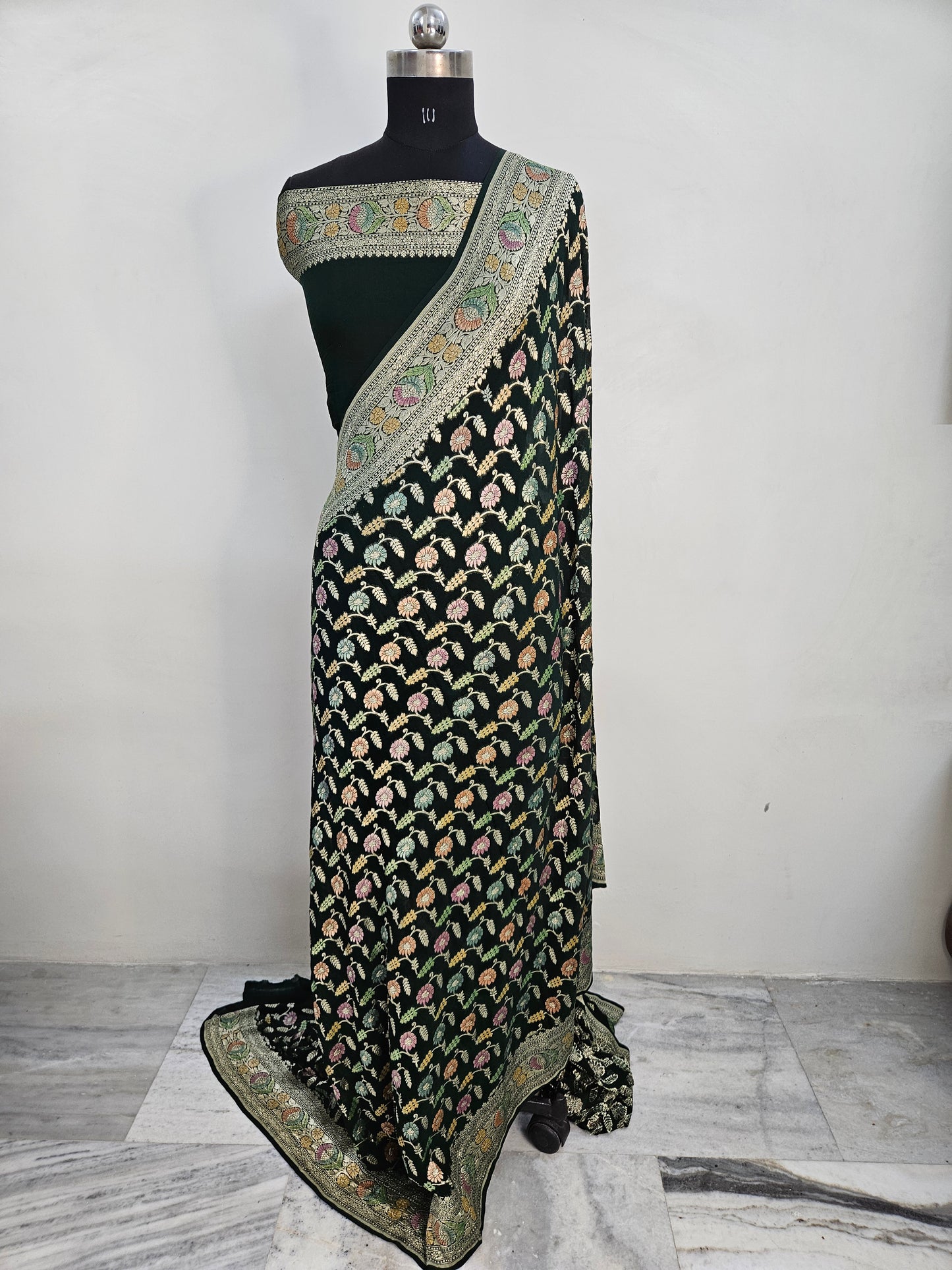 pure georgette silk banarasi handbrush work woven tested zari saree