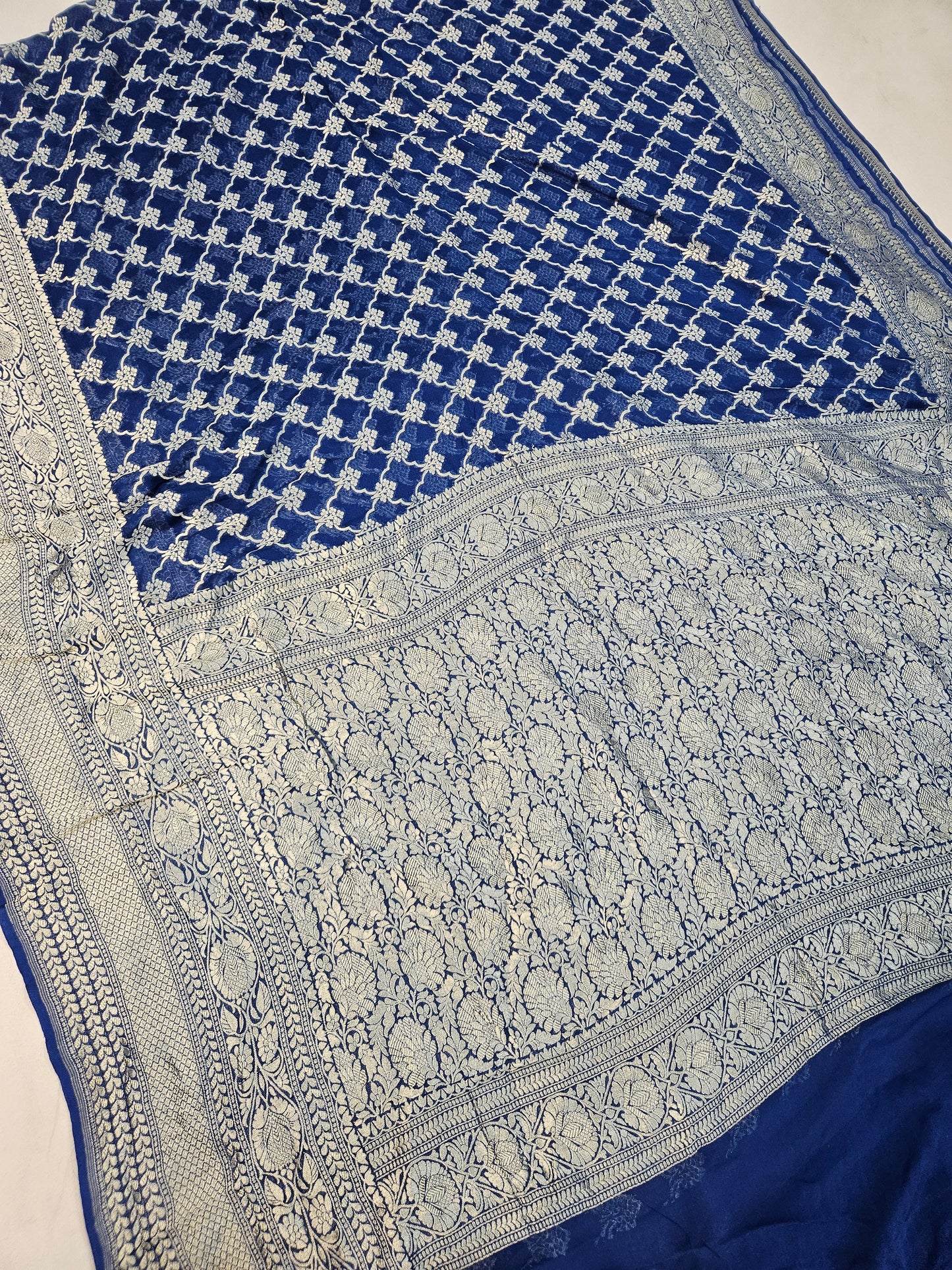 pure georgette silk banarasi woven tested zari saree in Blue