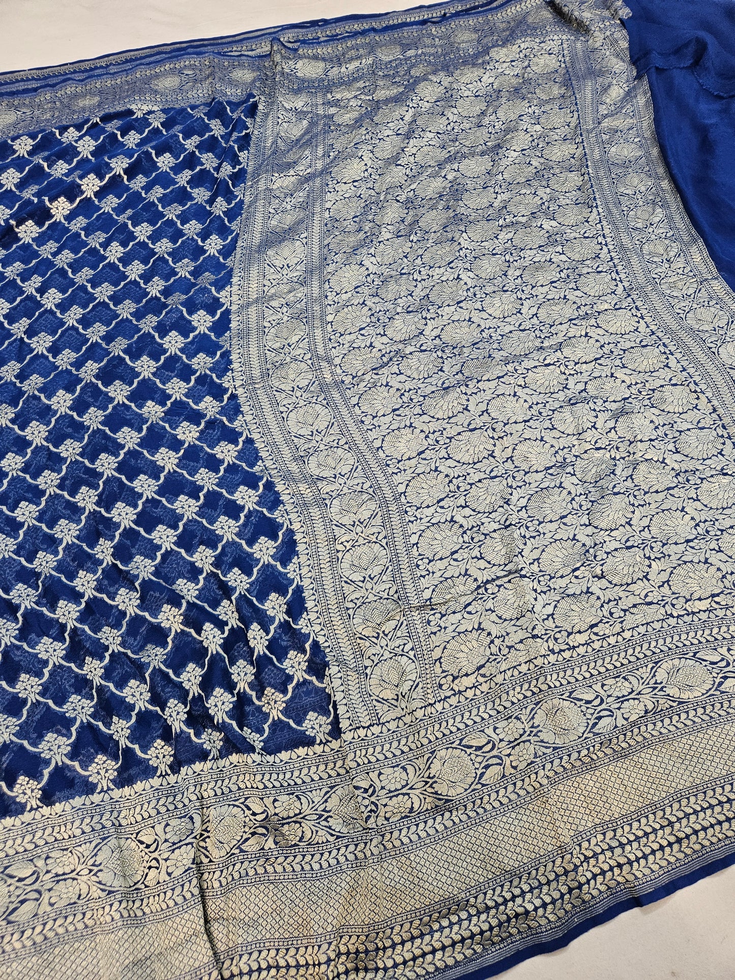 pure georgette silk banarasi woven tested zari saree in Blue