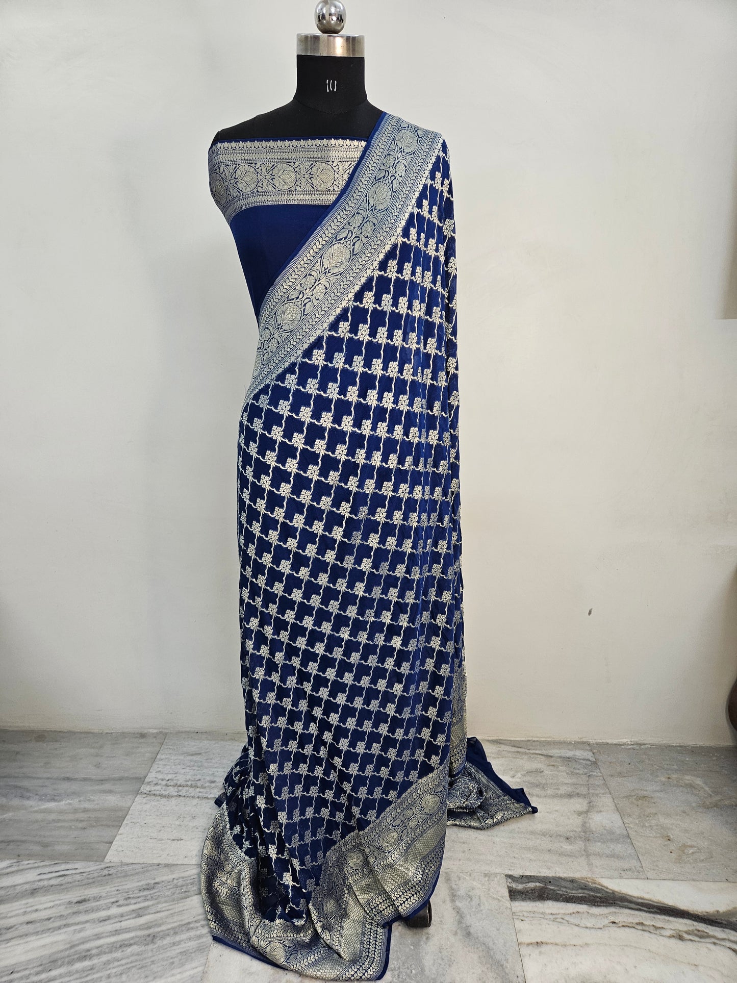 pure georgette silk banarasi woven tested zari saree in Blue