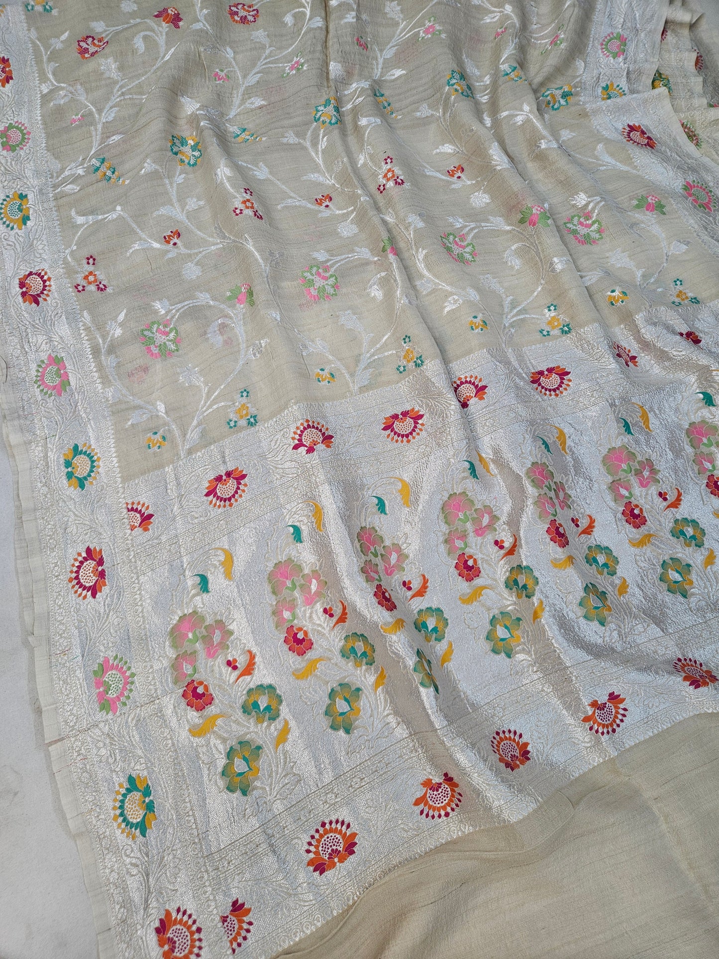 pure tussar silk banarasi meena woven saree in Natural cream 