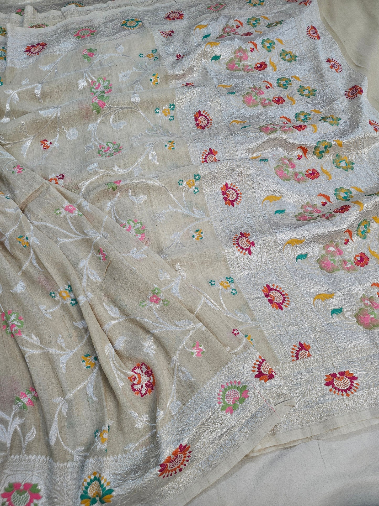 pure tussar silk banarasi meena woven saree in Natural cream 