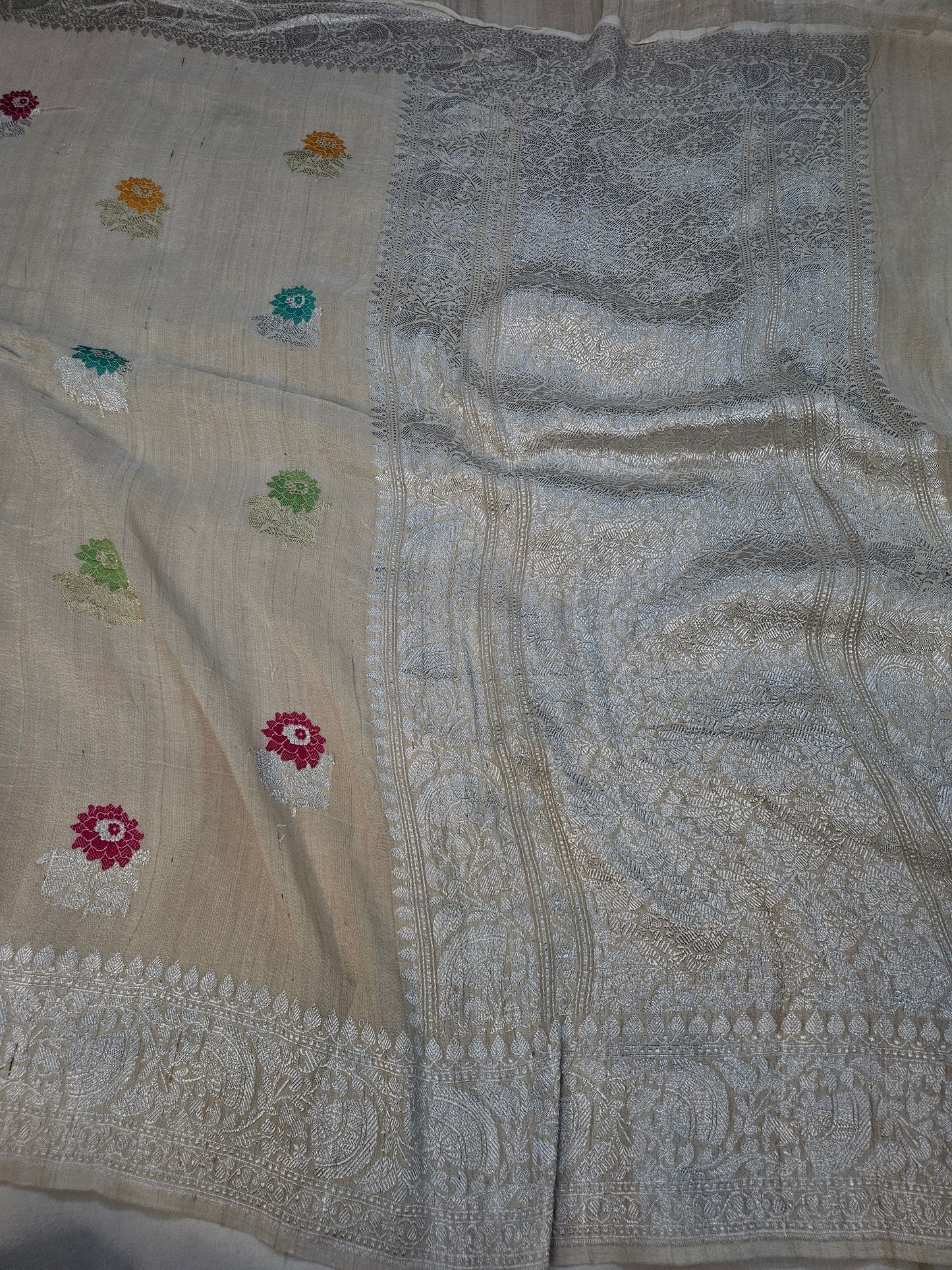 pure tussar silk handloom banarasi meena woven saree in Natural tussar