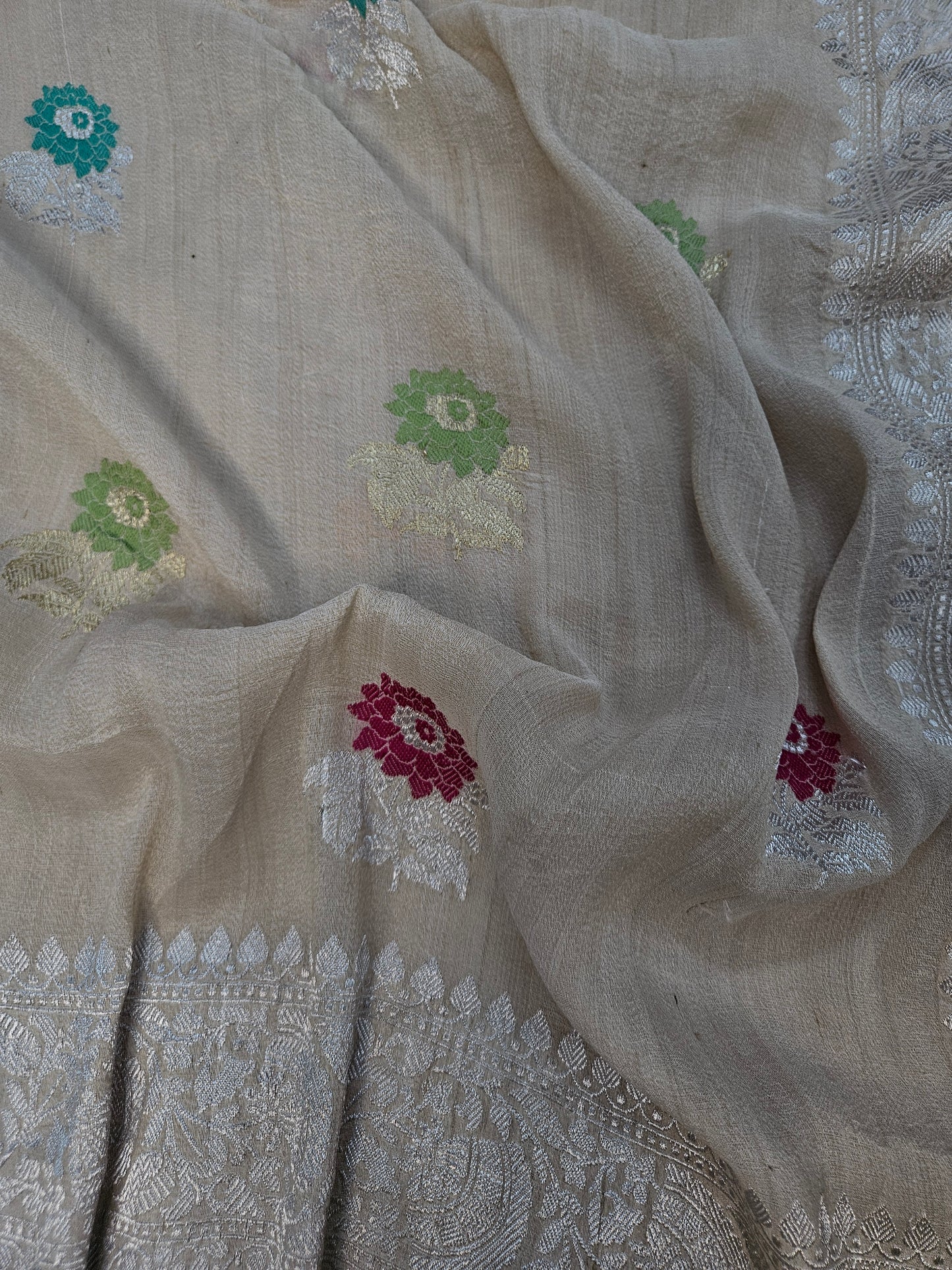 pure tussar silk handloom banarasi meena woven saree in Natural tussar