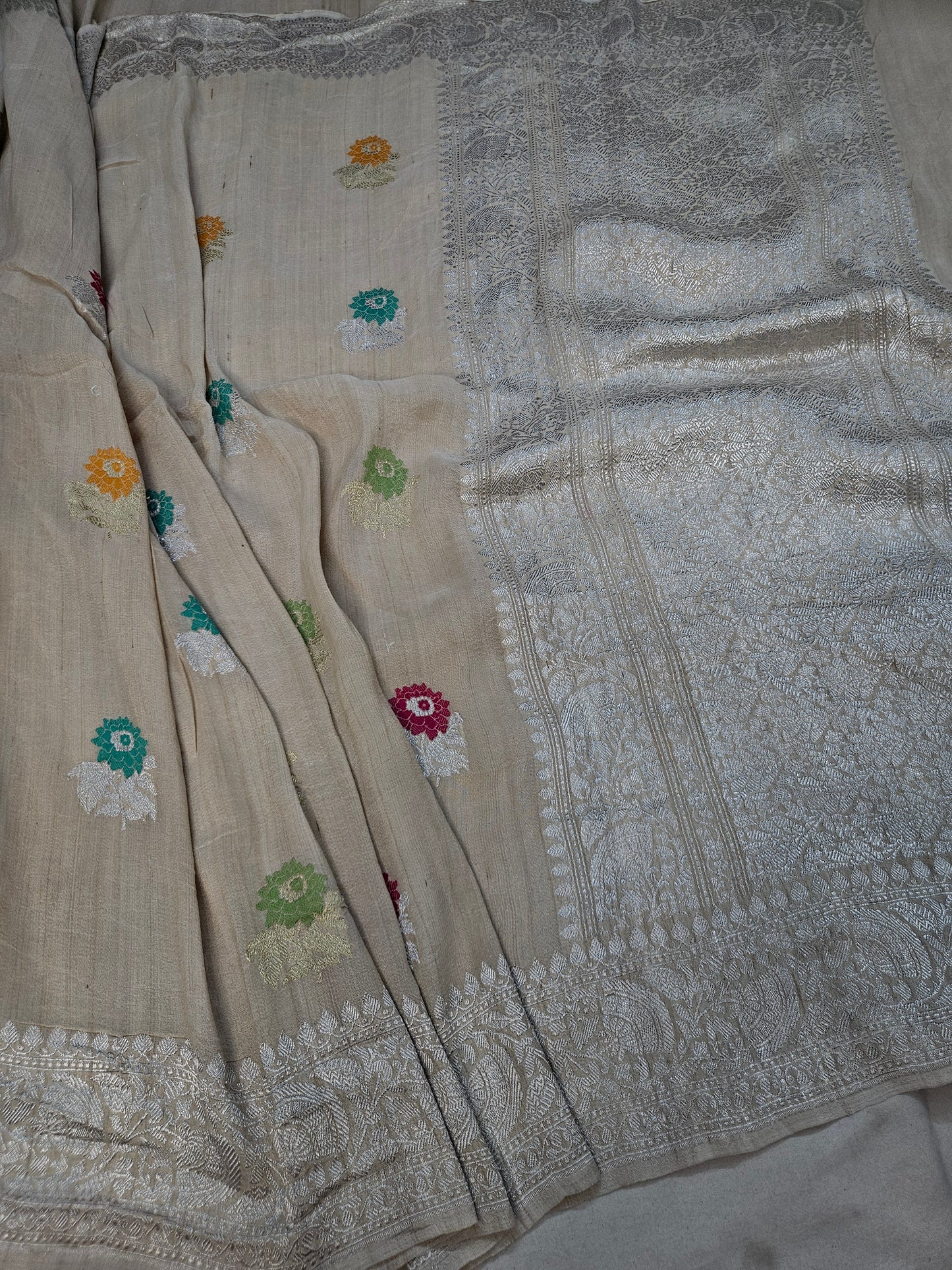 pure tussar silk handloom banarasi meena woven saree in Natural tussar