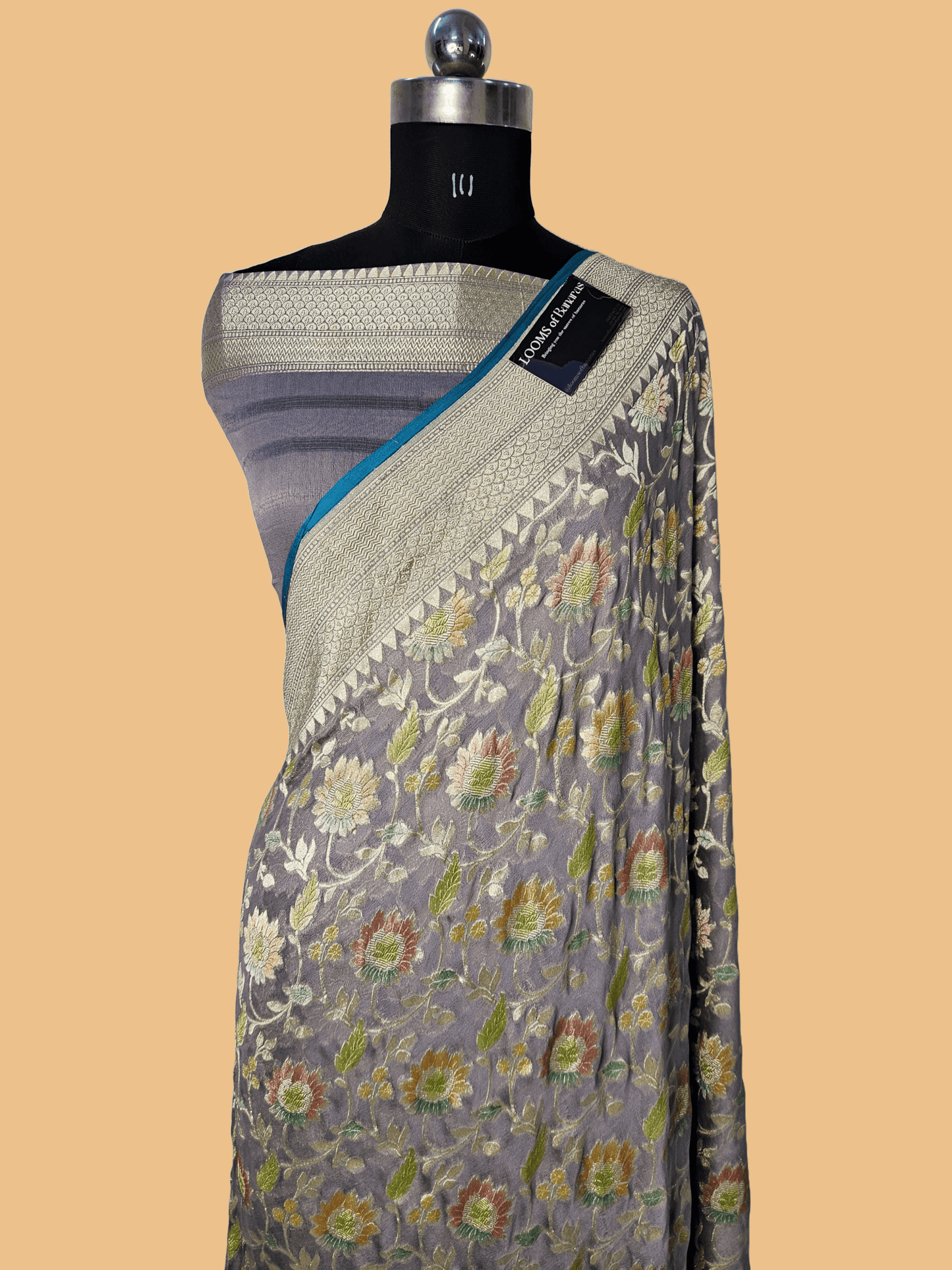 Pure Georgette Meena Hand Brush Work Banarasi Saree in Powder Grey