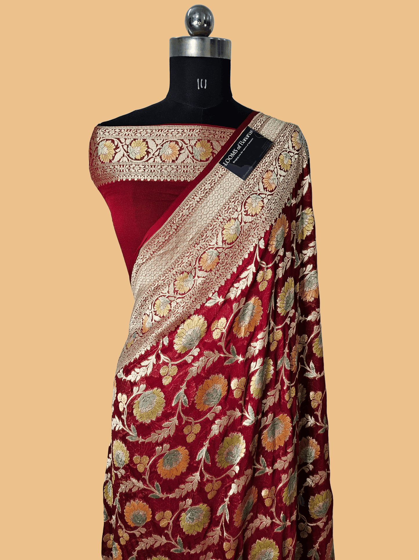 Pure Georgette Banarasi Saree Hand Brush Meena Floral Motifs Work in Finest Red