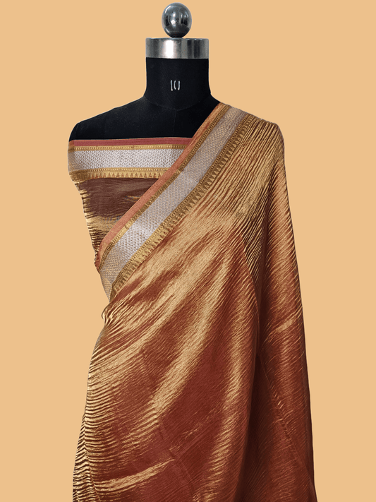 Pure Kora Tissue Crush Banarasi Saree in copper orange