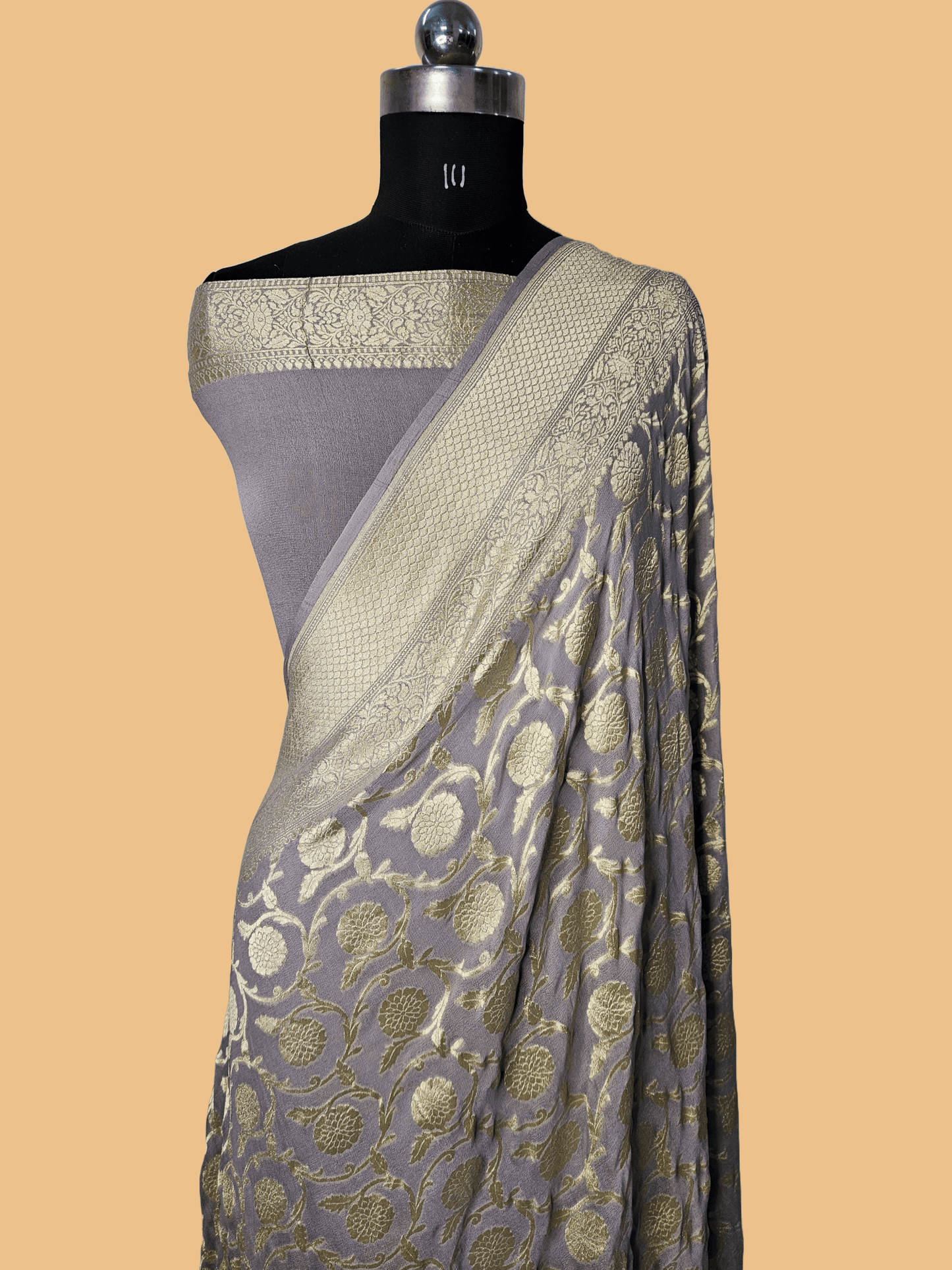 Powder Grey Pure Georgette Jungla Weaving Banarasi Saree