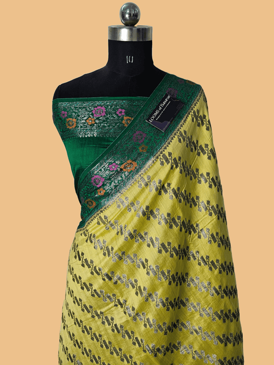 Pure Chiniya Silk Jaal Weaving Banarasi Saree in Contrast Yellow