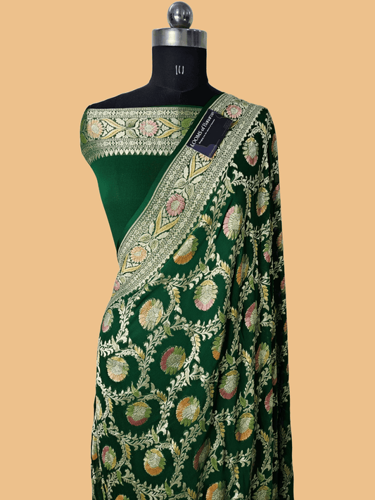 Pure Georgette Banarasi Saree Hand Brush Meena Floral Motifs Work in bottle green