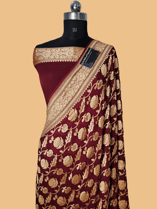 Pure Georgette Jungla Faux Nimzari Banarasi Saree in Maroon