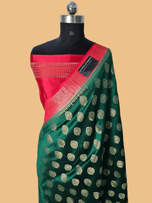 Pure Chiniya Silk Buta Weaving Banarasi Saree in Bottle Green