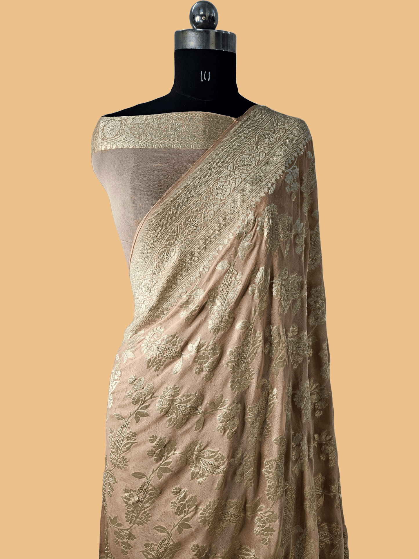 Pure Georgette Banarasi Saree weaving faux jaal watergold zari in Biskooti