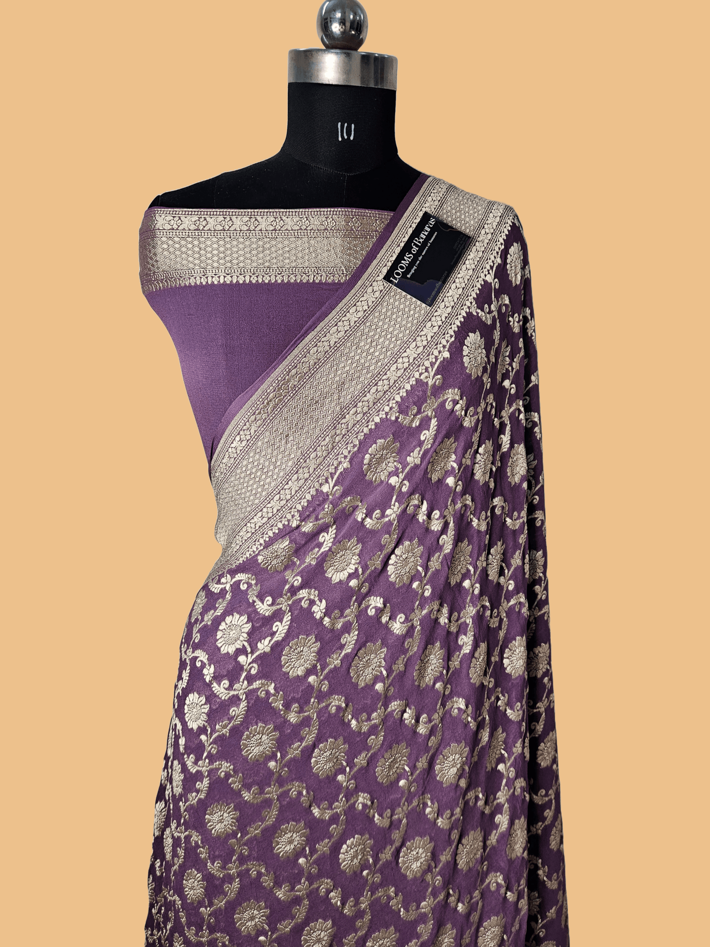 Dusty Purple Pure Georgette Banarasi Saree Jaal weaving faux watergold zari