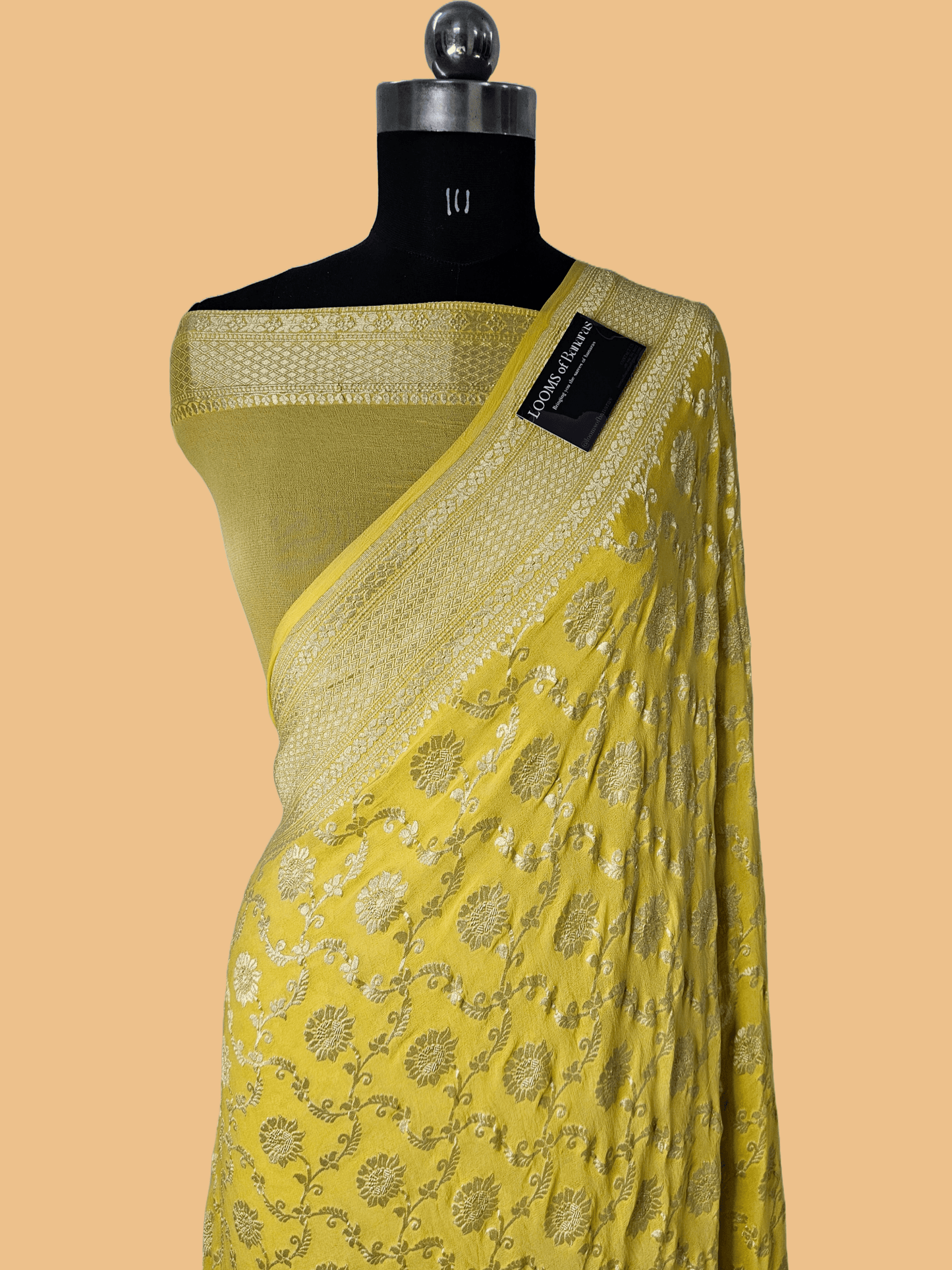 Yellow Pure Georgette Banarasi Saree Jaal weaving faux watergold zari