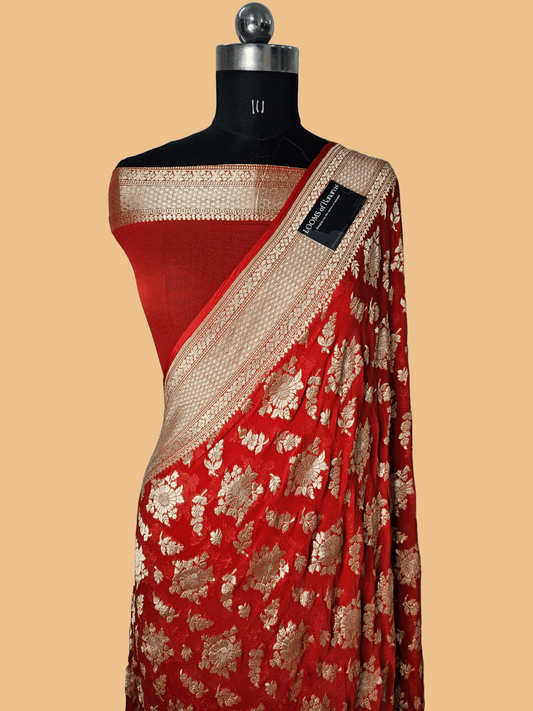 Pure Georgette Banarasi Saree weaving faux jaal nimzari in Claret Red