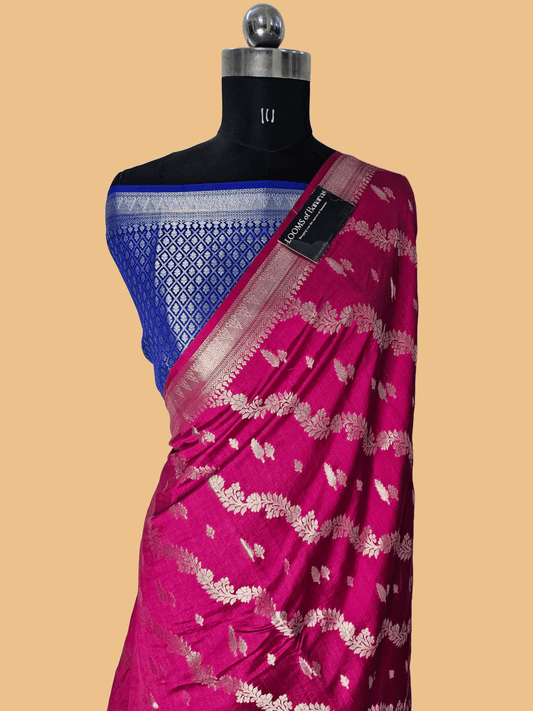 Pure Chiniya Silk Contrast Jaal Weaving Banarasi Saree in Rani Pink