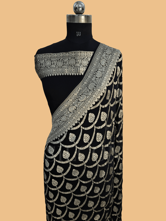 pure georgette silk jaal buta woven tested zari banarasi saree in Premium black