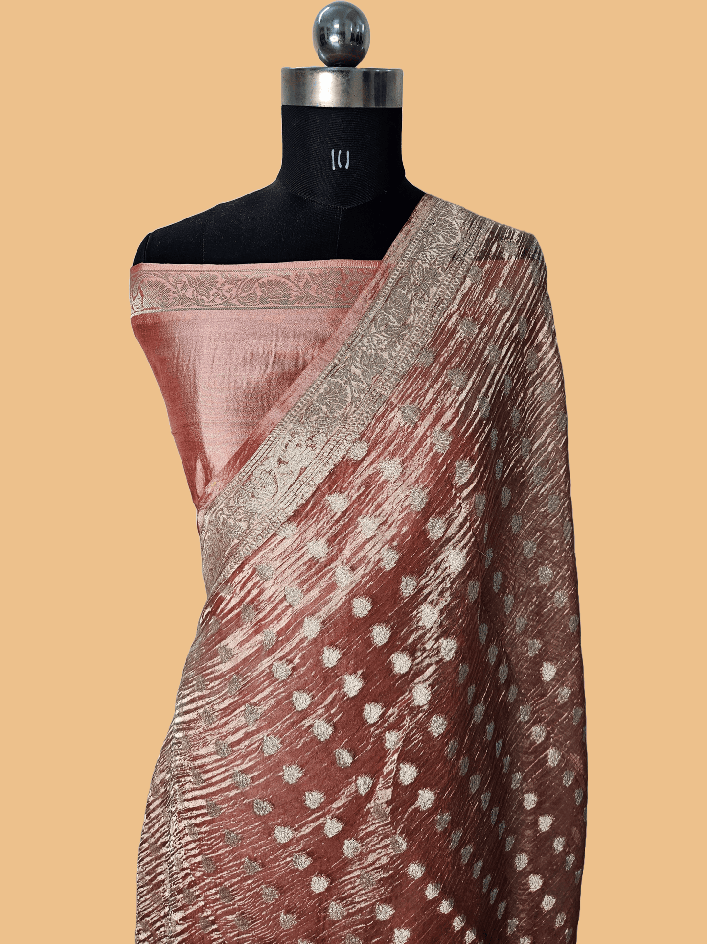 Pure Tissue Kora Banarasi Buti Saree With Silk Blouse in Peach