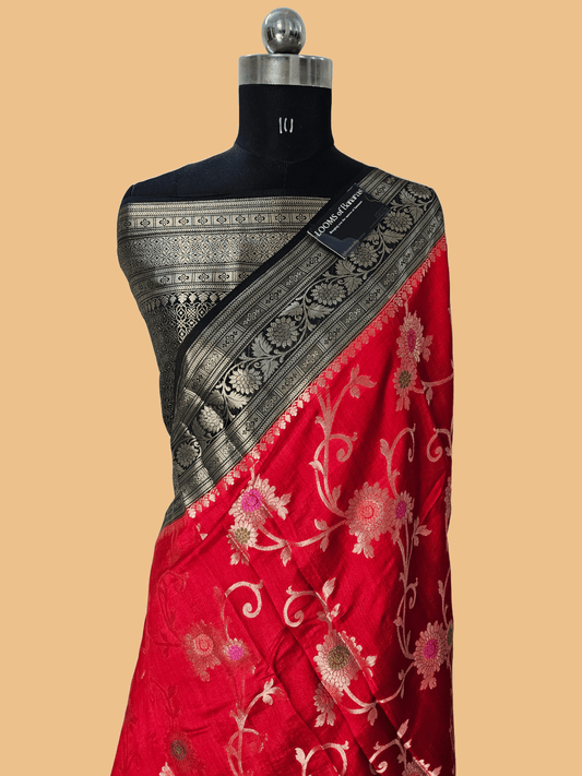 Pure Chiniya Silk Banarasi Alfi Meena Contrast Saree in Red