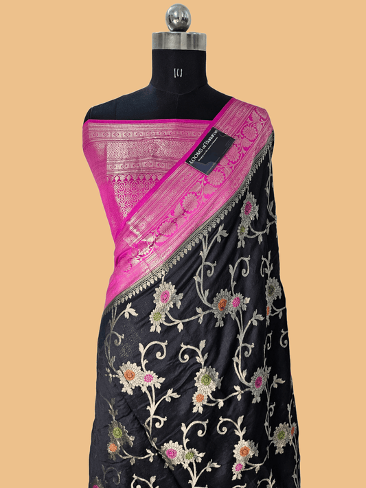 Pure Chiniya Silk Banarasi Alfi Meena Contrast Saree in Black