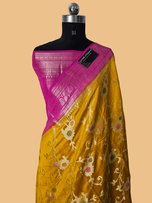 Pure Chiniya Silk Banarasi Alfi Meena Contrast Saree in Mustard Yellow