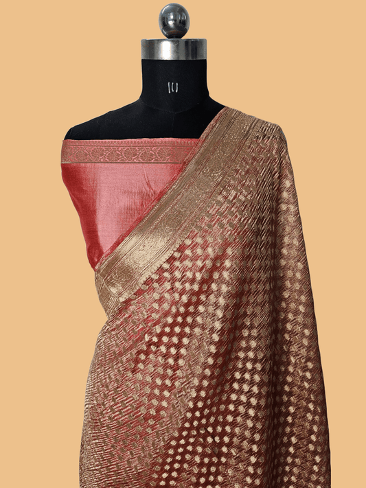 Pure Tissue Kora Banarasi Buti Saree With Silk Blouse in Dark Peach