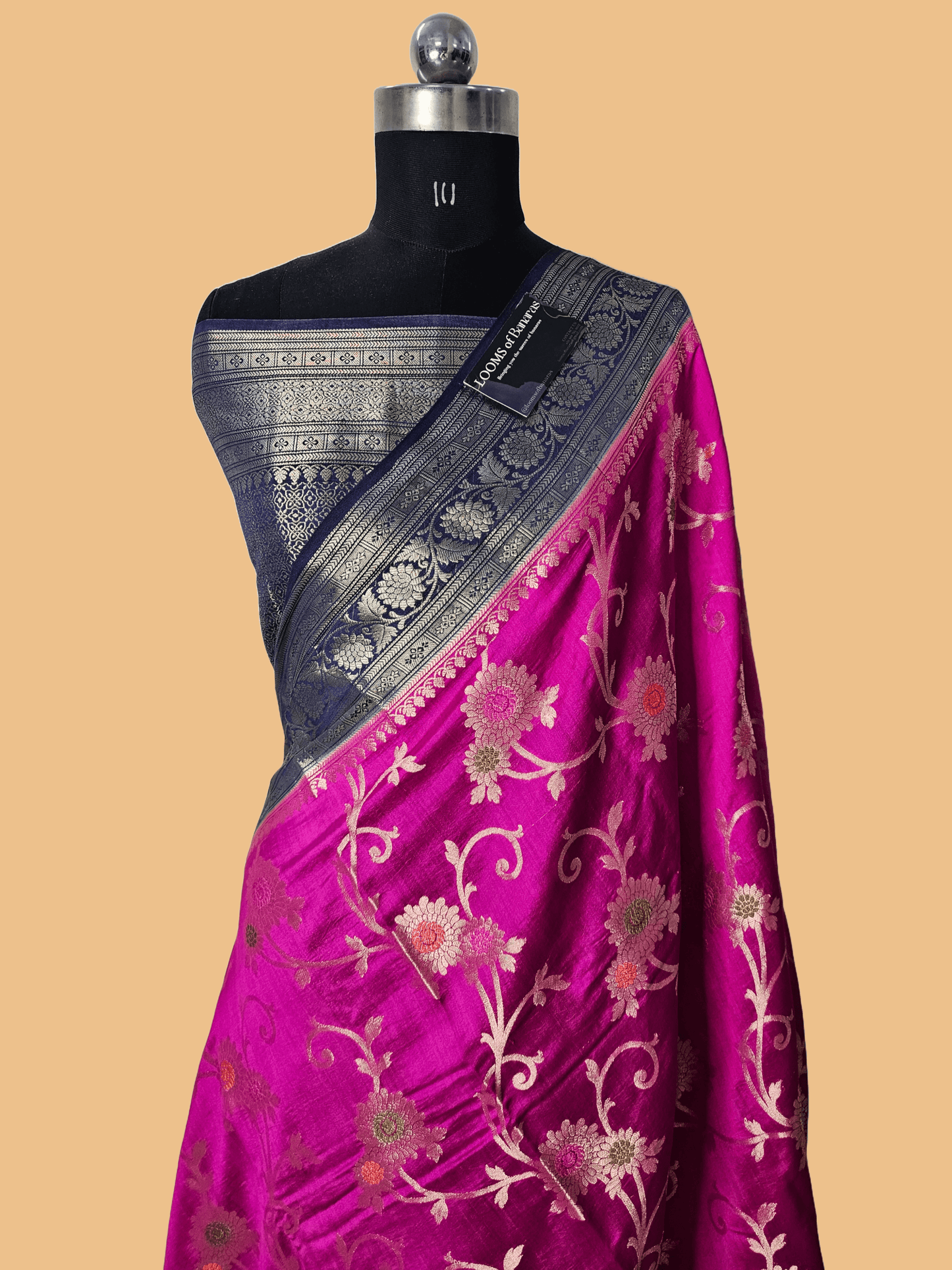 Pure Chiniya Silk Banarasi Alfi Meena Contrast Saree in Rani Pink