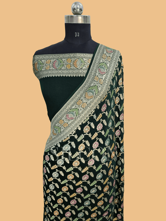 pure georgette silk banarasi handbrush work woven tested zari saree