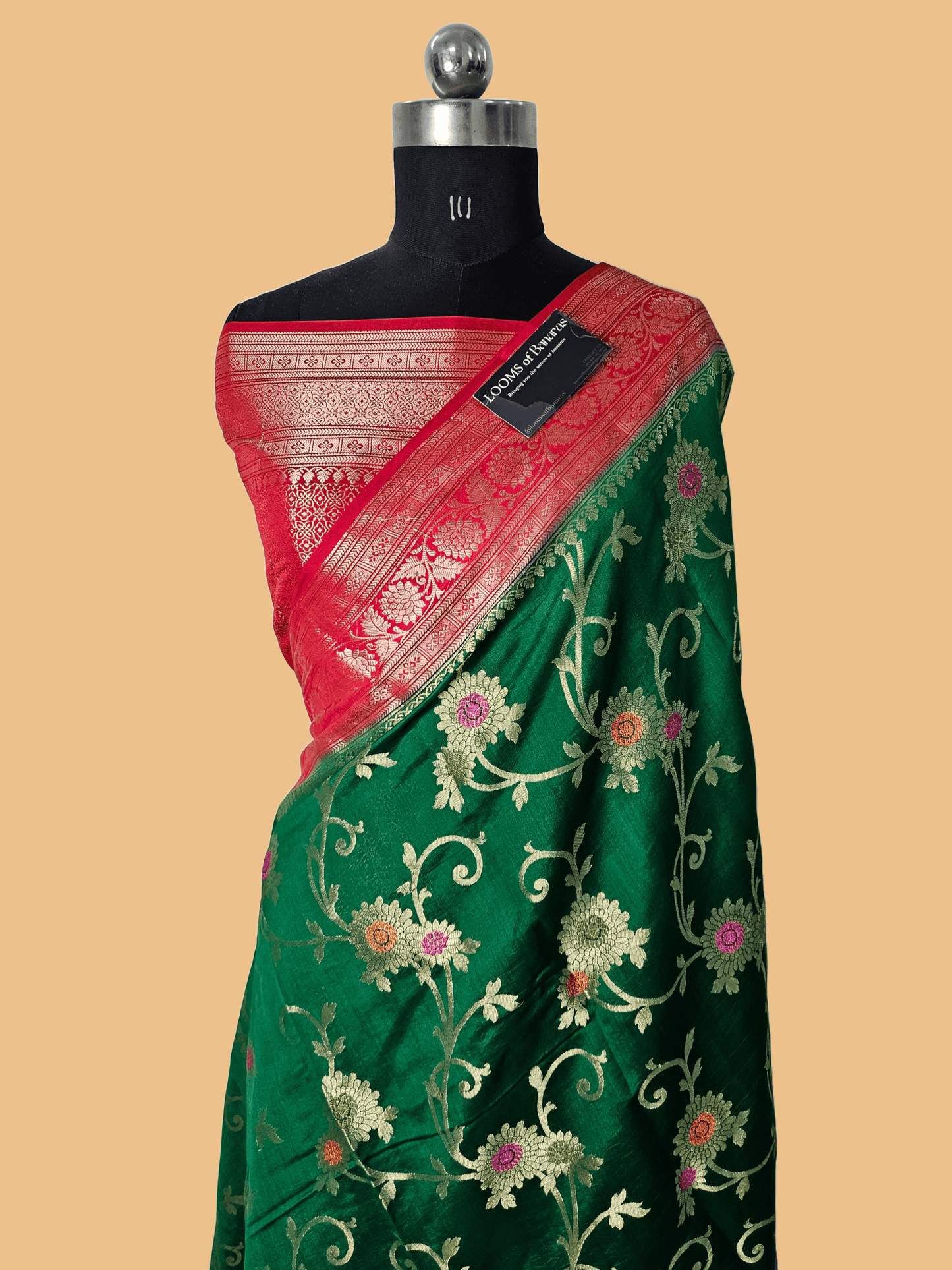 Pure Chiniya Silk Banarasi Alfi Meena Contrast Saree in Parrot Green