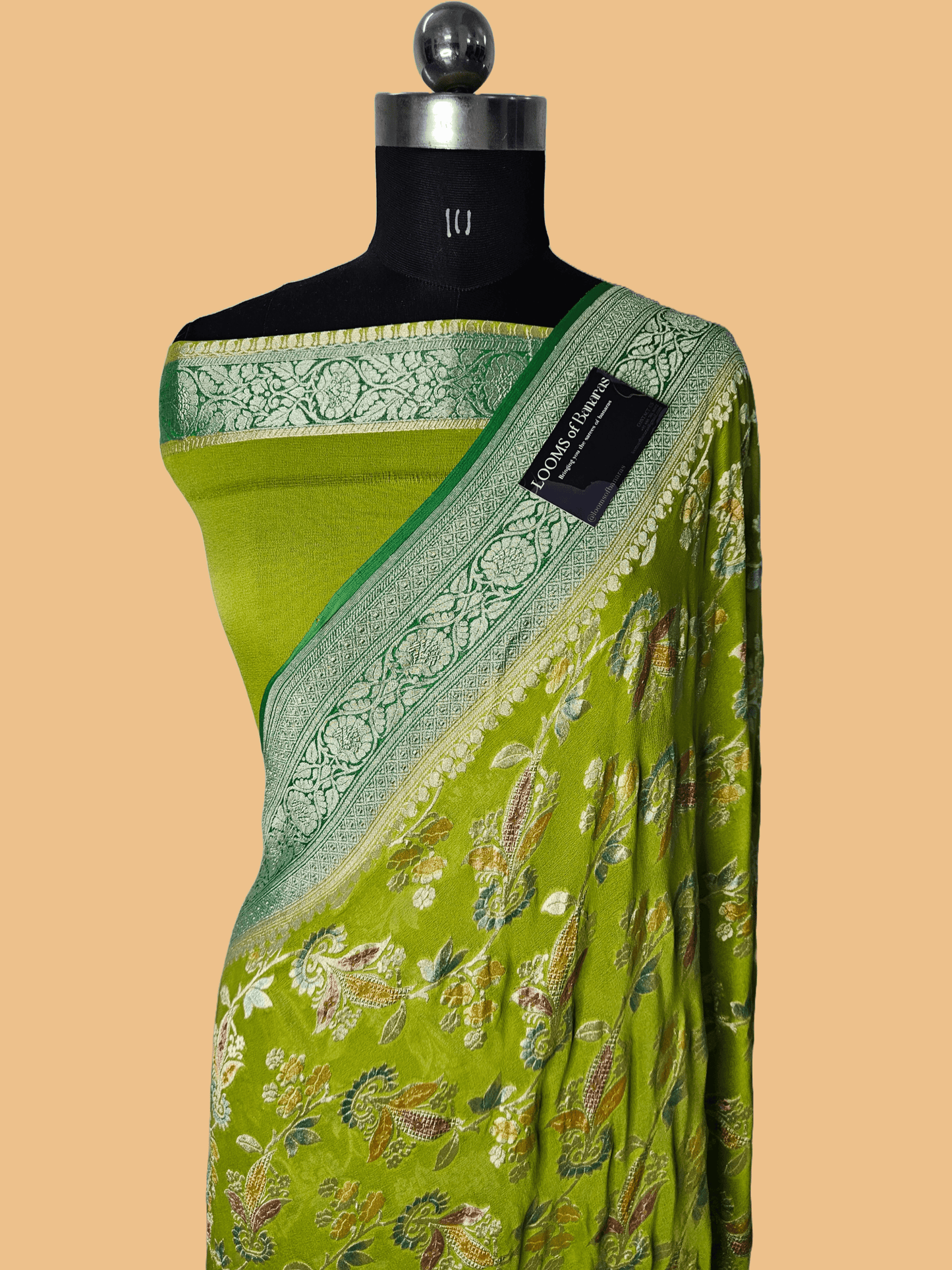 Pure Georgette Hand Brush Meena Work Banarasi Saree in Parrot Green