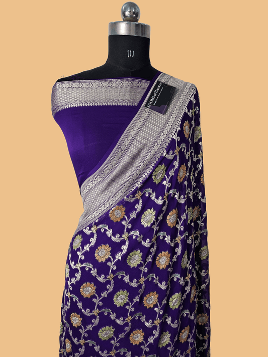 Pure Georgette Meena Hand Brush Work Banarasi Saree in Royal Purple