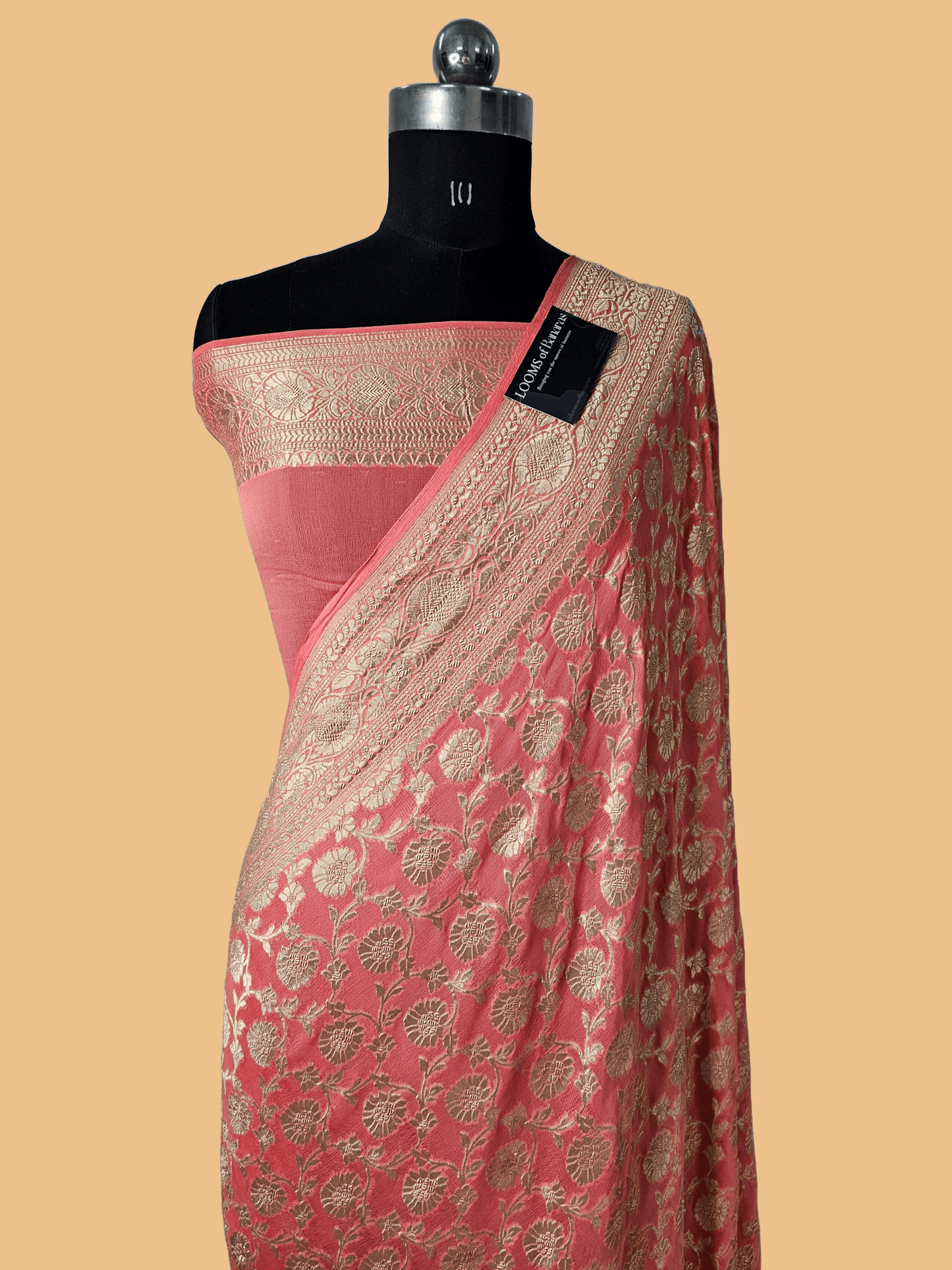 Peach Pure Georgette Banarasi Saree Jaal weaving faux Nimzari zari