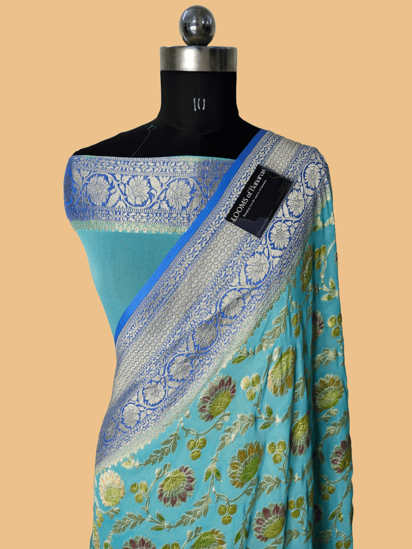 Pure Georgette Sky Blue Contrast Hand Brush Work Banarasi Saree