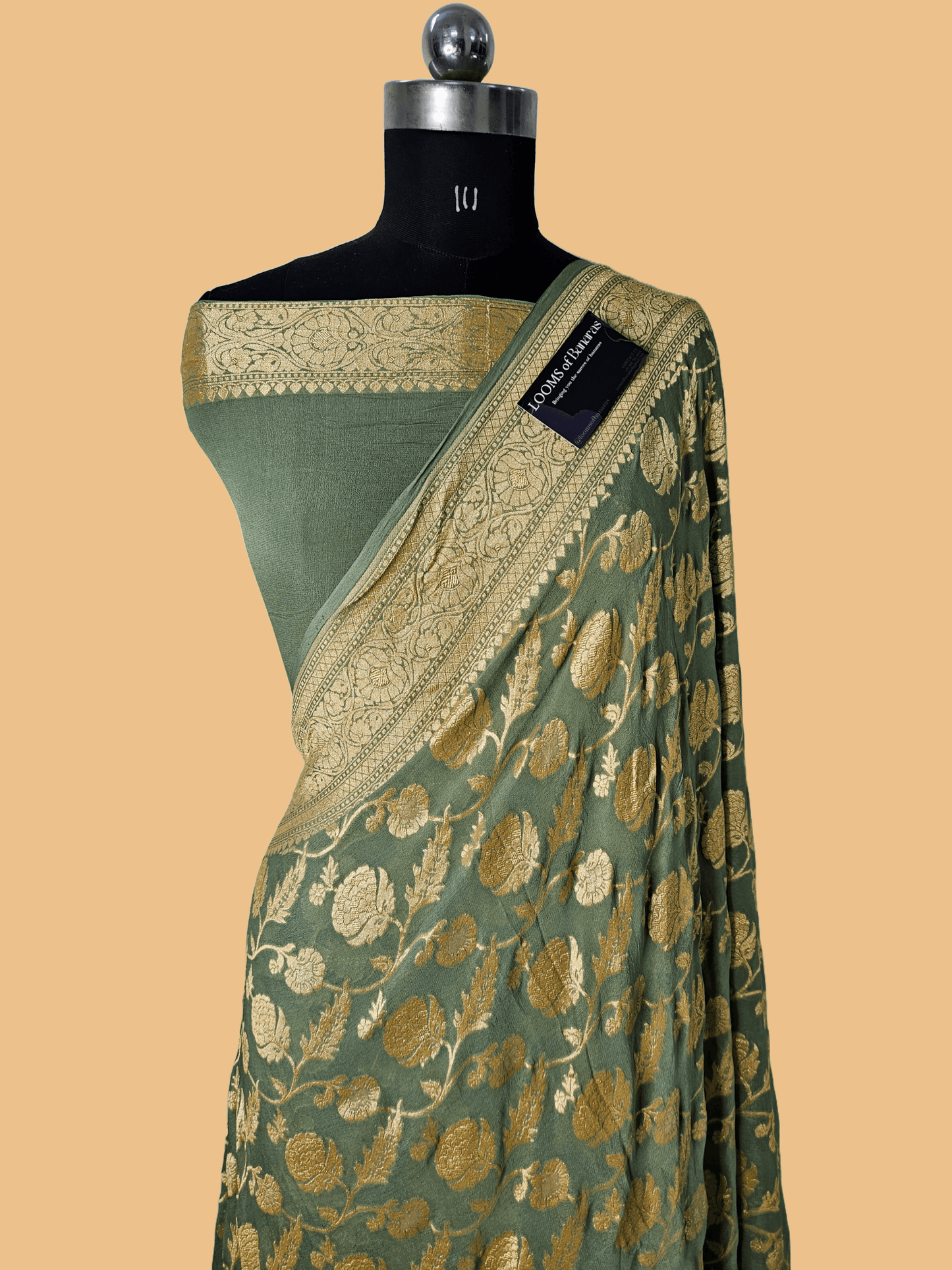 Mehendi Green Pure Georgette Banarasi Saree Jaal weaving faux Nimzari zari