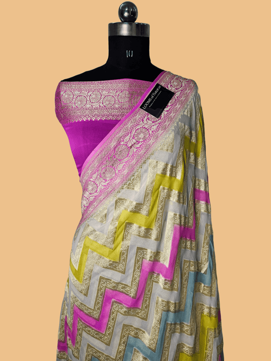 Pure Georgette Zig-Zag Hand Brush Work Banarasi Saree